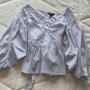 Express Black and White Stripped Ruffle Wrap Front Peplum Wrap Around Blouse